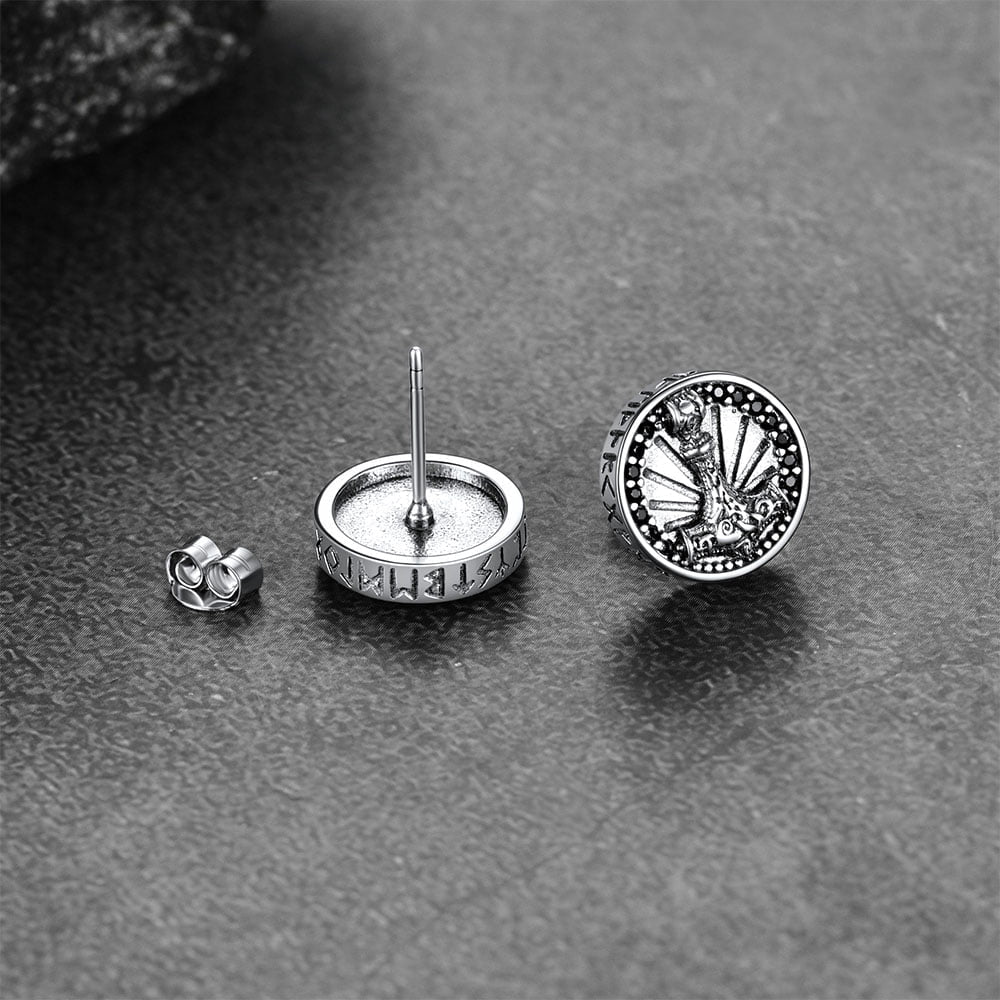 Viking Thor's Hammer Stud Earrings With Runes in Sterling Silver