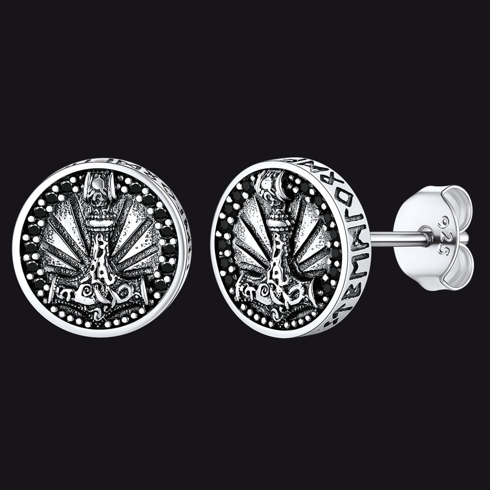 Viking Thor's Hammer Stud Earrings With Runes in Sterling Silver