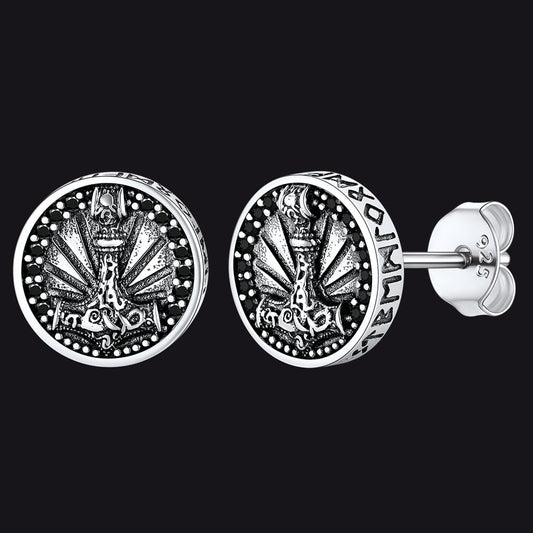 Viking Thor's Hammer Stud Earrings With Runes in Sterling Silver