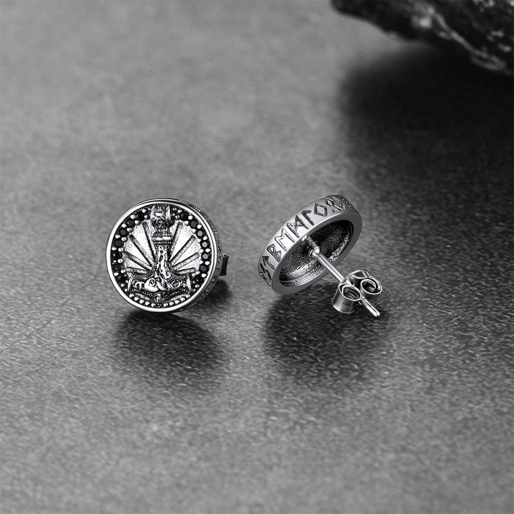 Viking Thor's Hammer Stud Earrings With Runes in Sterling Silver