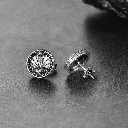 Viking Thor's Hammer Stud Earrings With Runes in Sterling Silver