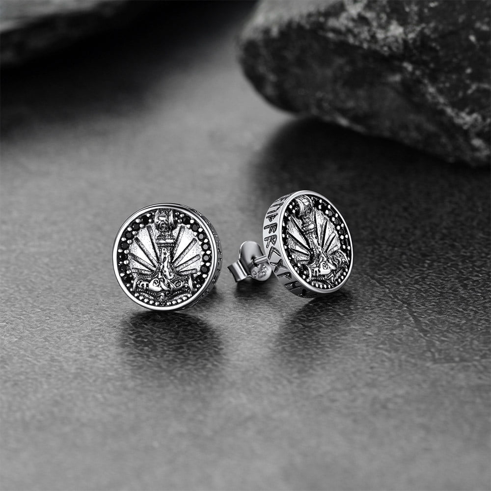 Viking Thor's Hammer Stud Earrings With Runes in Sterling Silver