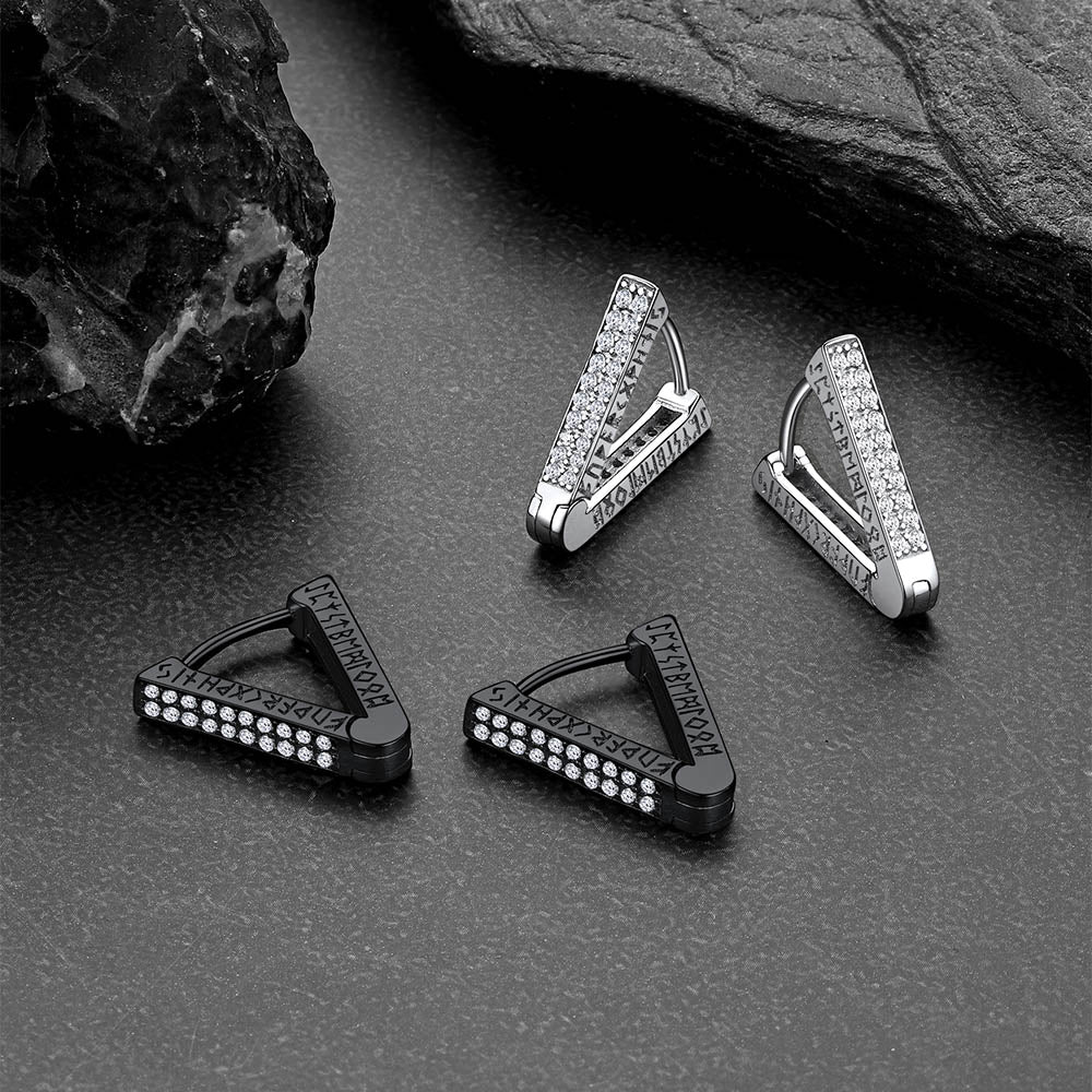 Cubic Zirconia Triangle Huggie Hoop Earrings With Viking Runes for Men