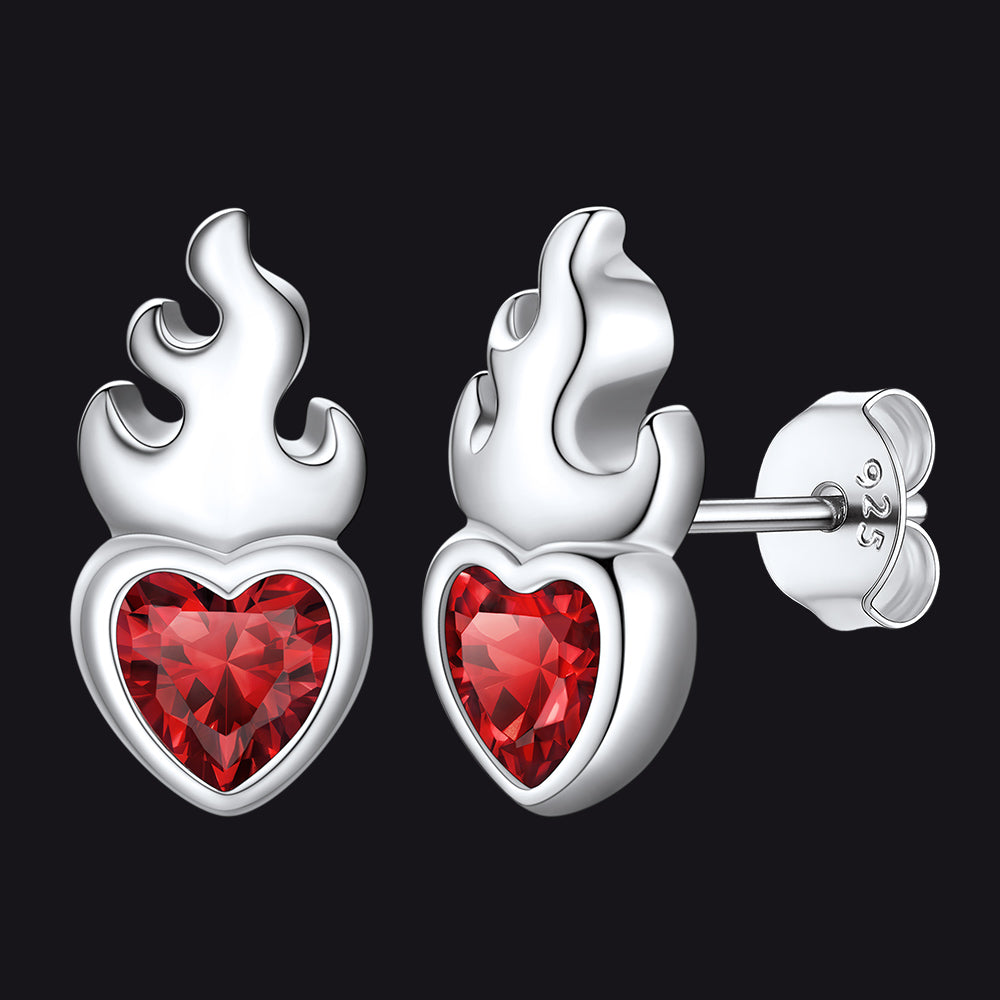 Sterling Silver Sacred Heart Flame Birthstone Earrings