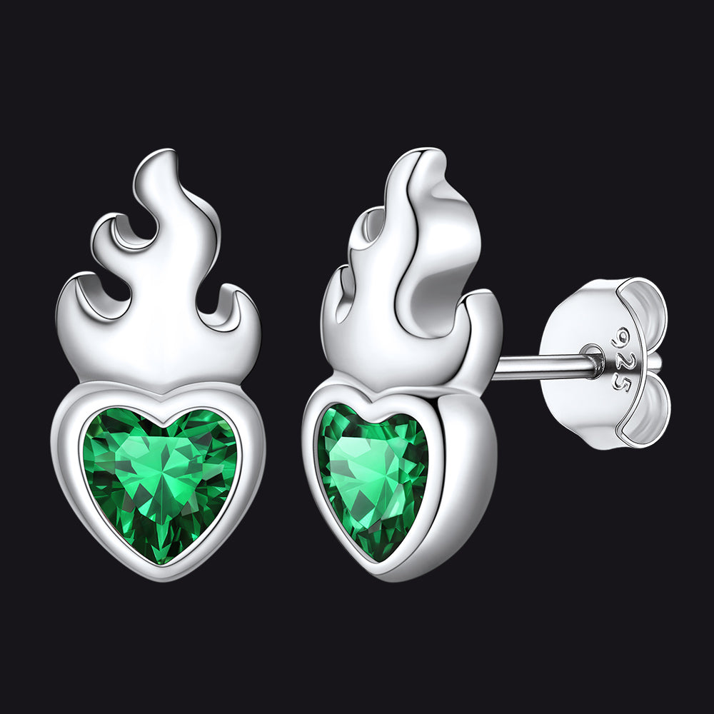 Sterling Silver Sacred Heart Flame Birthstone Earrings