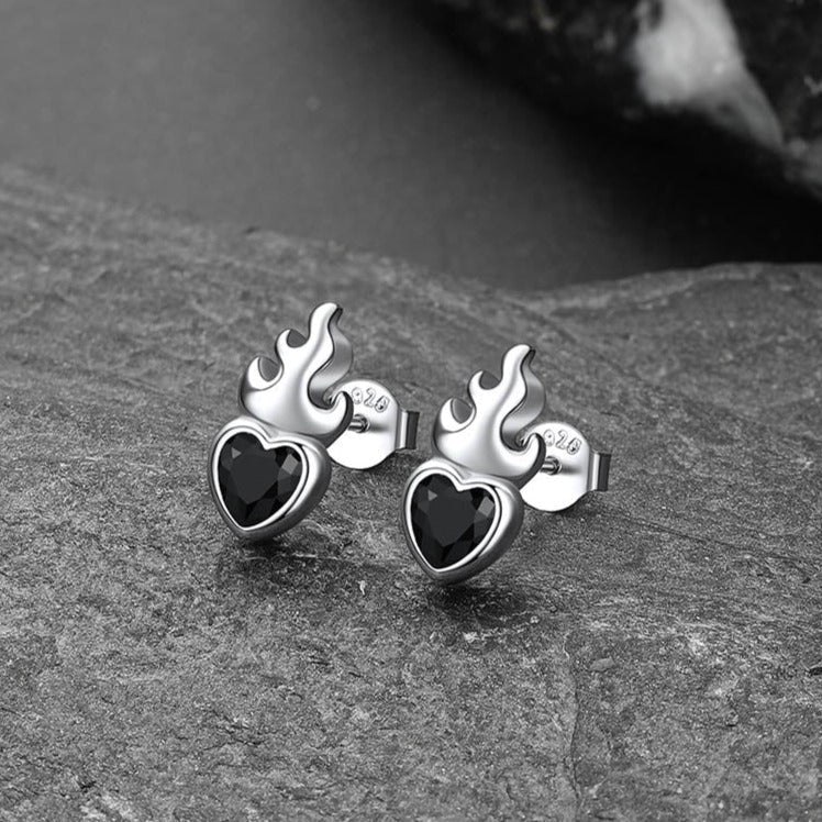 Sterling Silver Sacred Heart Flame Birthstone Earrings