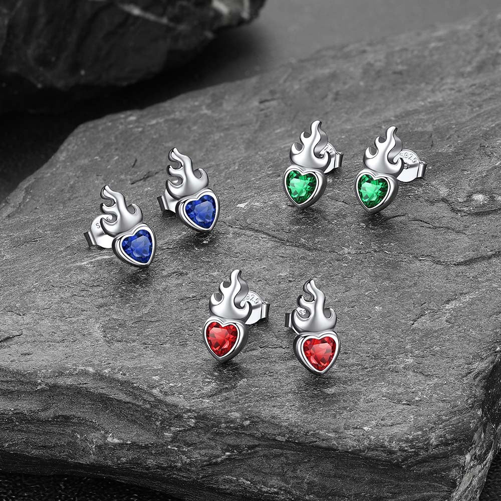Sterling Silver Sacred Heart Flame Birthstone Earrings