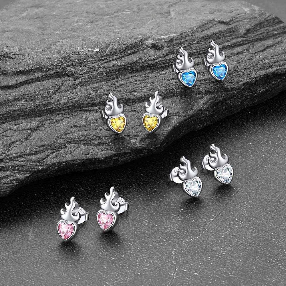 Sterling Silver Sacred Heart Flame Birthstone Earrings