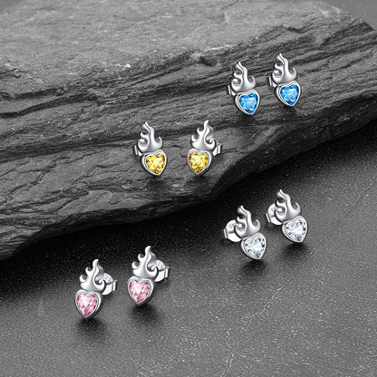 Sterling Silver Sacred Heart Flame Birthstone Earrings