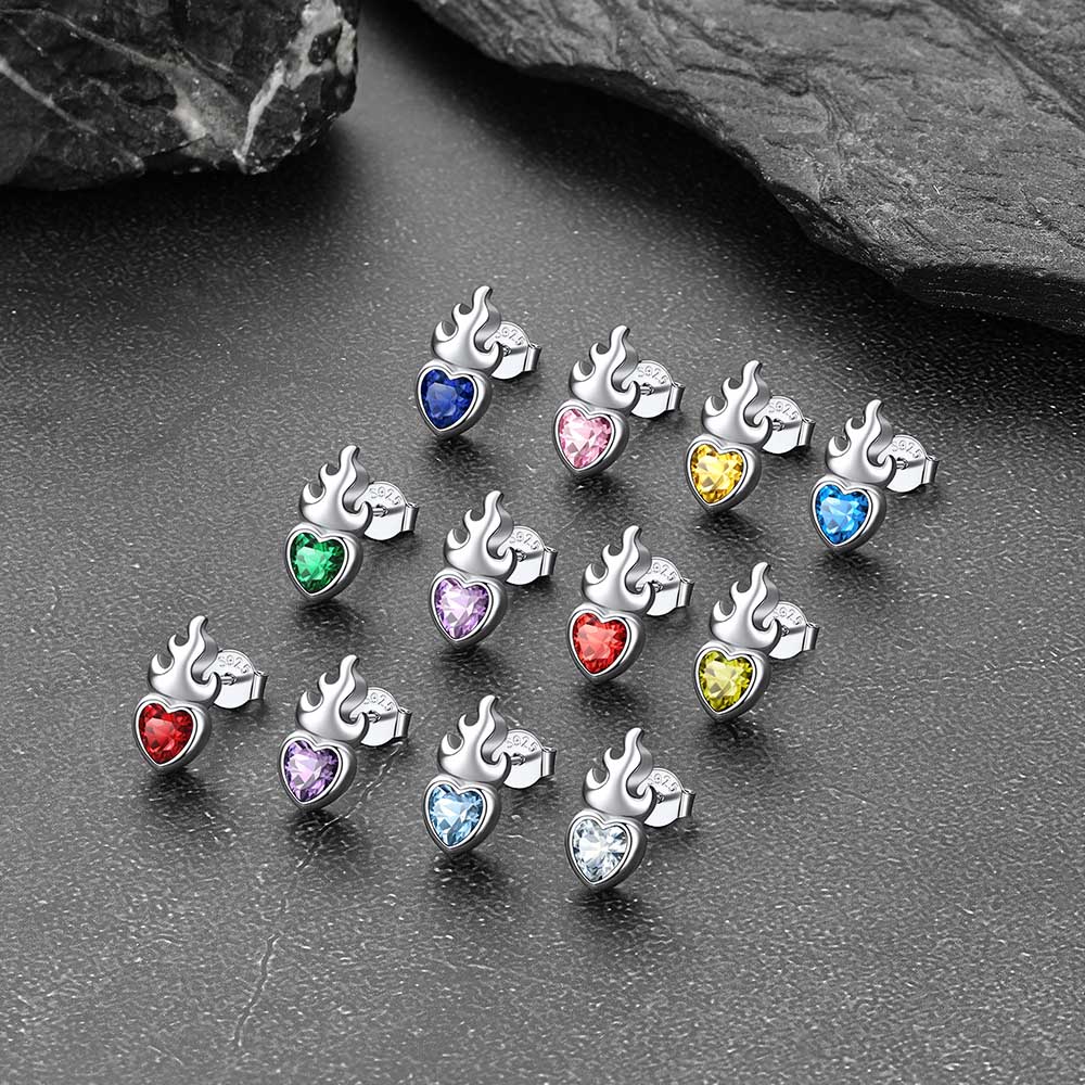 Sterling Silver Sacred Heart Flame Birthstone Earrings