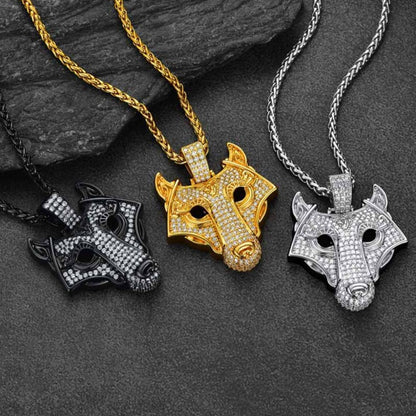 Hip Hop Viking Wolf Head Fenrir Necklace with Cubic Zirconia