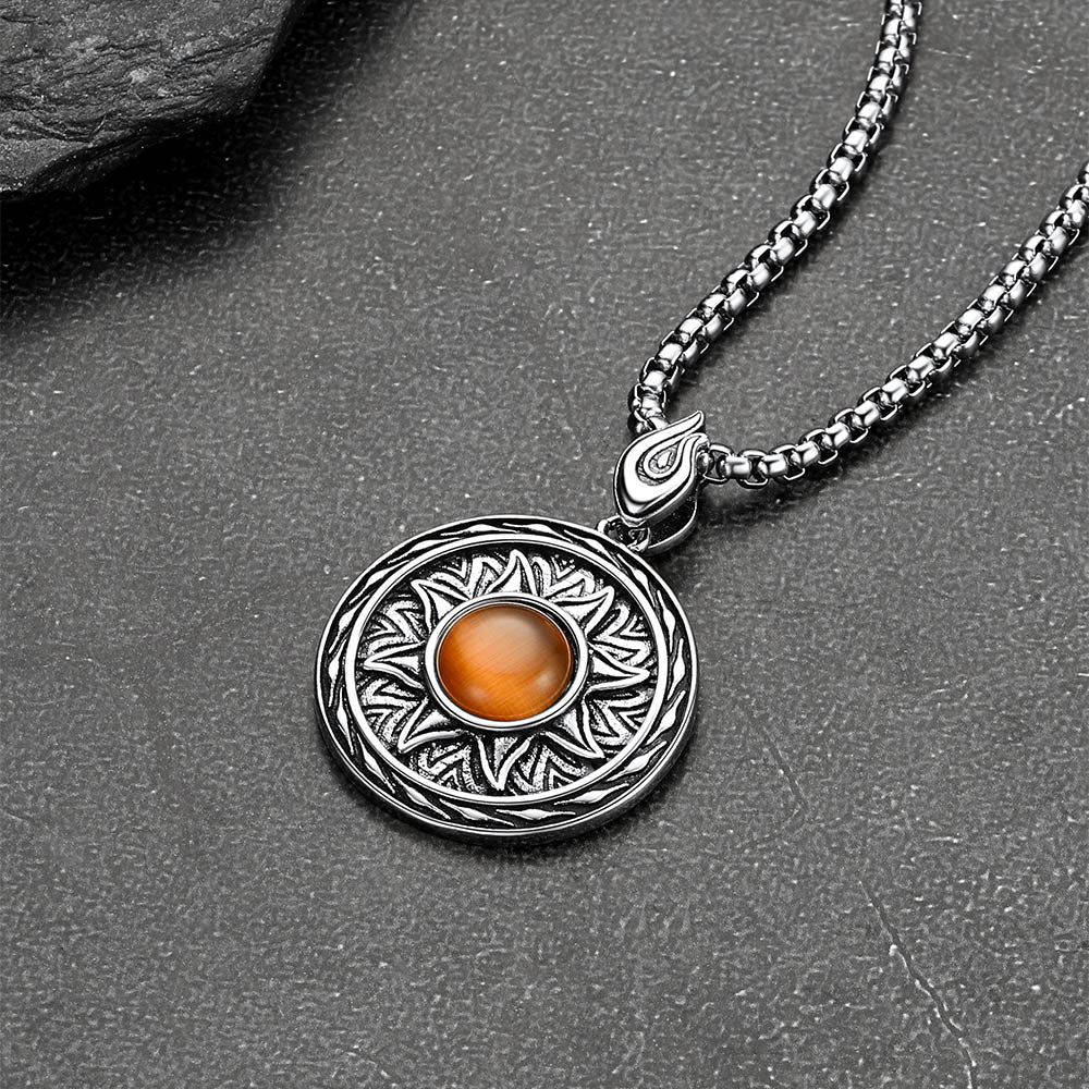 Gothic Tiger Eye Stone Sun Pendant Protection Necklace for Men