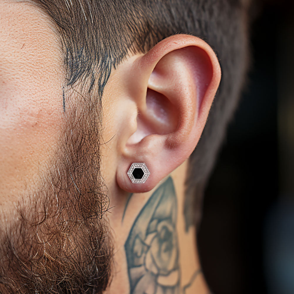 Viking Rune Hexagon Black Onyx Stud Earrings for Men