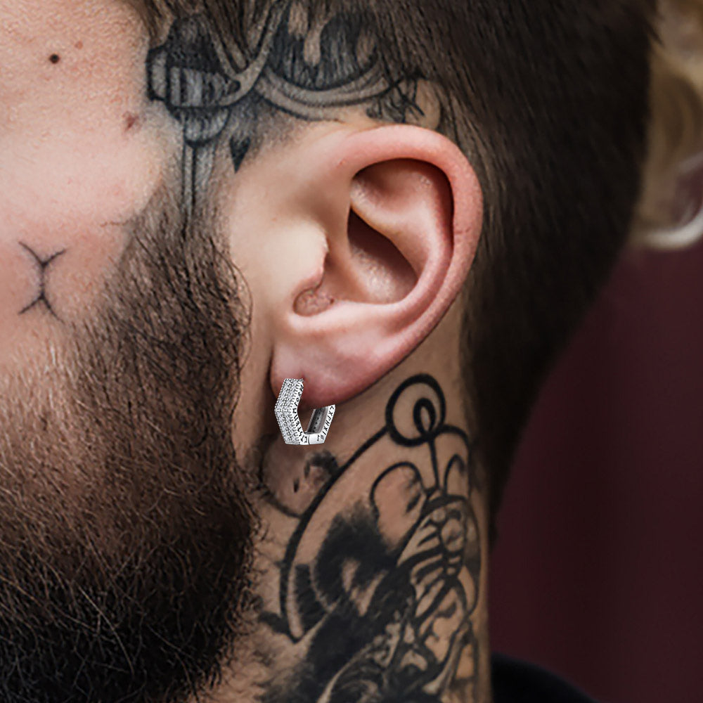 Hexagon Viking Diamond Hoop Earrings With Runes for Men