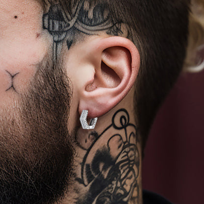 Hexagon Viking Diamond Hoop Earrings With Runes for Men