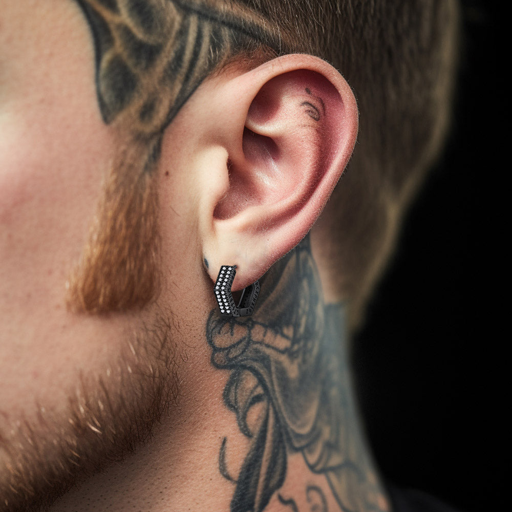 Hexagon Viking Diamond Hoop Earrings With Runes for Men