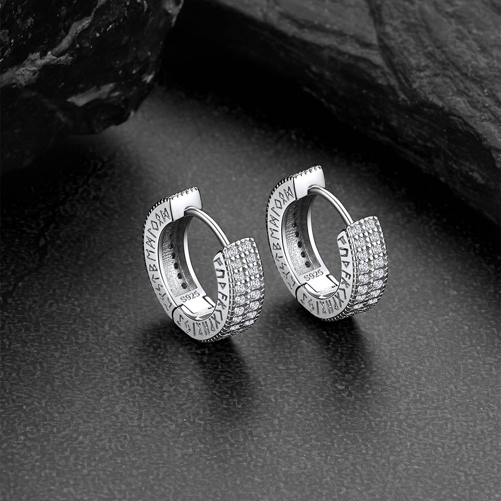 Sterling Silver Diamond Hoop Earrings with Viking Runes for Men