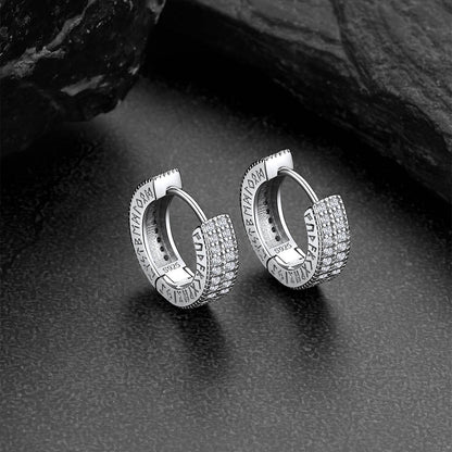 Sterling Silver Diamond Hoop Earrings with Viking Runes for Men