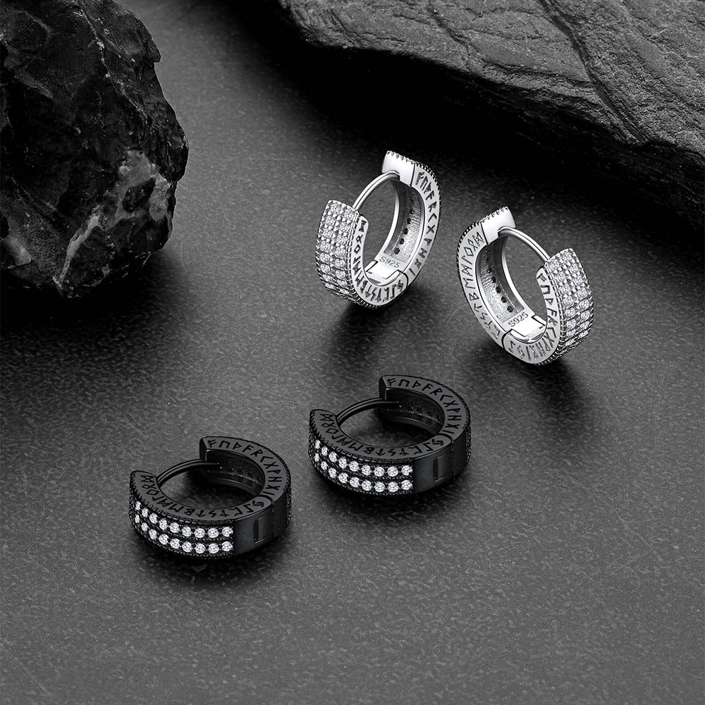 Sterling Silver Diamond Hoop Earrings with Viking Runes for Men