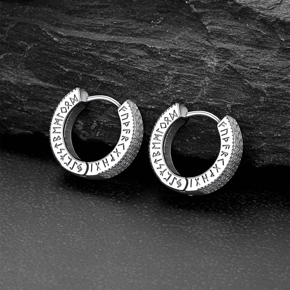 Sterling Silver Diamond Hoop Earrings with Viking Runes for Men