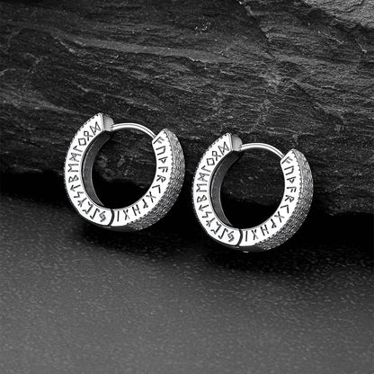 Sterling Silver Diamond Hoop Earrings with Viking Runes for Men