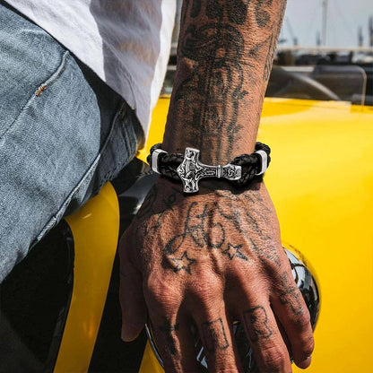 Viking Thor's Hammer Mjolnir Braided Leather Bracelet Gift For Men