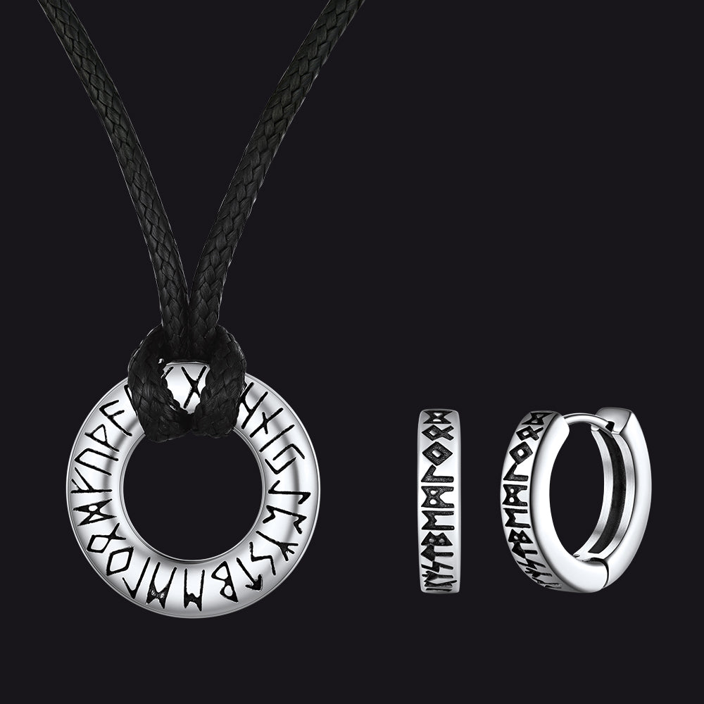 Norse Viking Rune Hoop Earrings & Circle Leather Necklace Set For Men