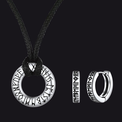 Norse Viking Rune Hoop Earrings & Circle Leather Necklace Set For Men