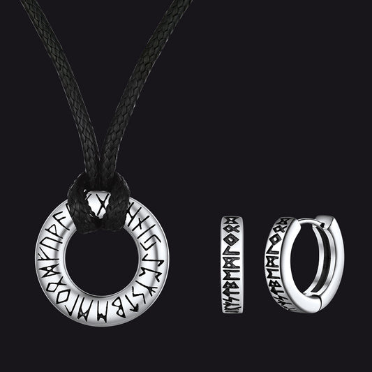 Norse Viking Rune Hoop Earrings & Circle Leather Necklace Set For Men