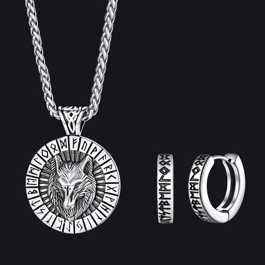 Norse Viking Rune Hoop Earrings & Wolf Medal Necklace Set For Men