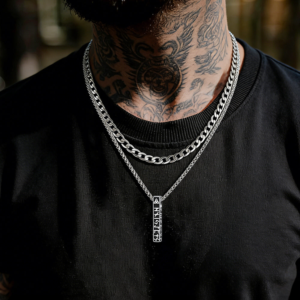 Cuban Chain & Viking Runes Bar Layered Necklaces Set for Men