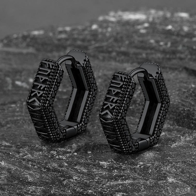 Viking Runes Hexagon Huggie Hoop Earrings for Men