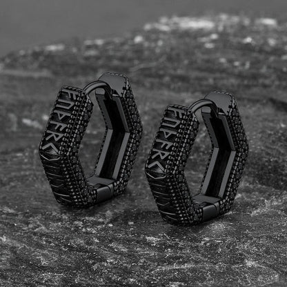 Viking Runes Hexagon Huggie Hoop Earrings for Men