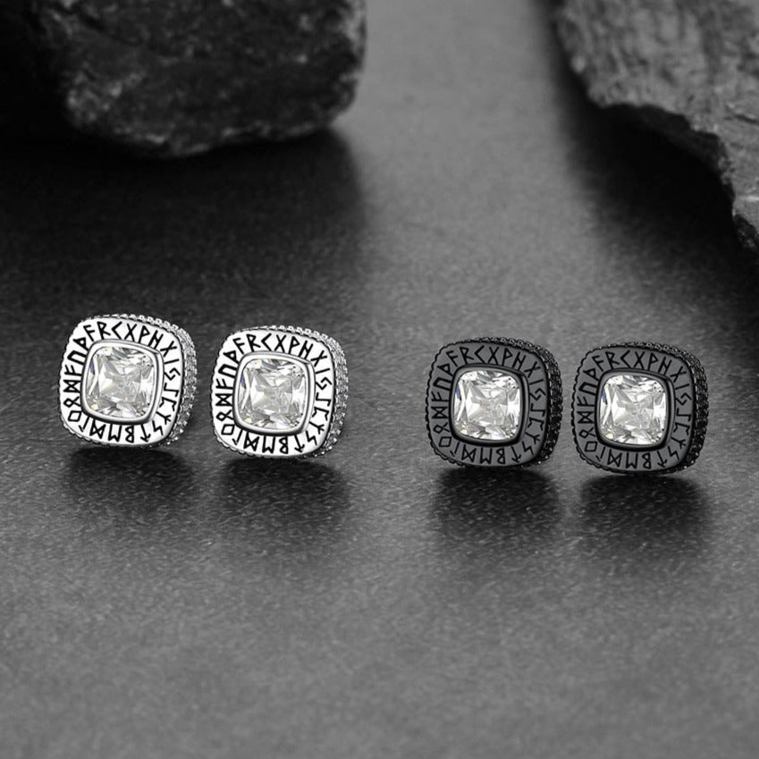 Cushion Cut Diamond Stud Earrings with Viking Runes in Sterling Silver