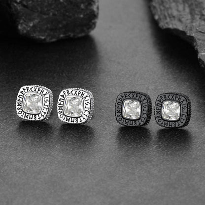 Cushion Cut Diamond Stud Earrings with Viking Runes in Sterling Silver