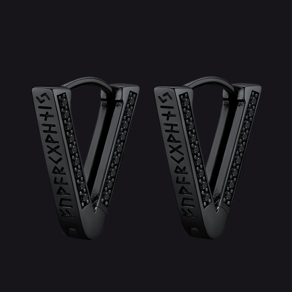 Sterling Silver Viking Triangle Huggie Hoop Earrings with Black Zirconia for Men