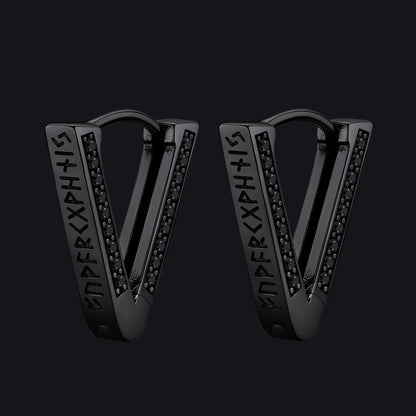 Sterling Silver Viking Triangle Huggie Hoop Earrings with Black Zirconia for Men
