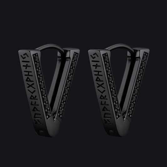 Sterling Silver Viking Triangle Huggie Hoop Earrings with Black Zirconia for Men