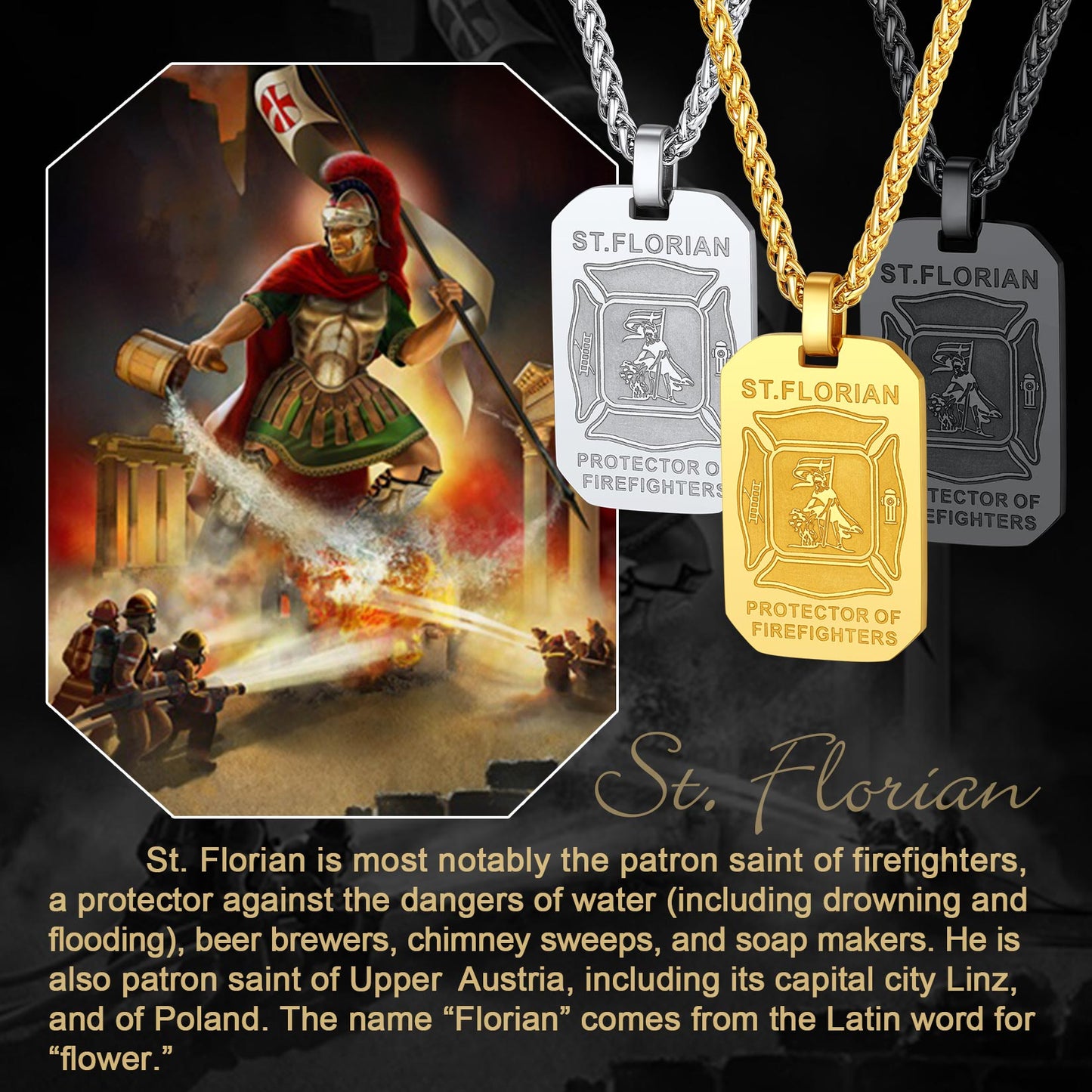 Engraved Saint Florian Firefighter Dog Tag Necklace for Firemen Men