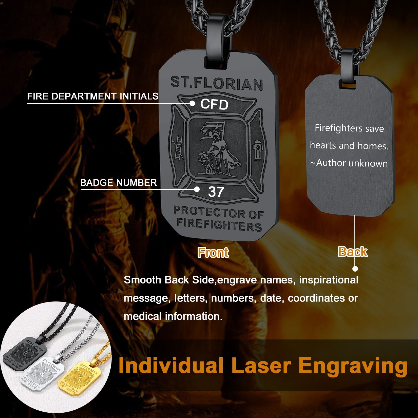 Engraved Saint Florian Firefighter Dog Tag Necklace for Firemen Men
