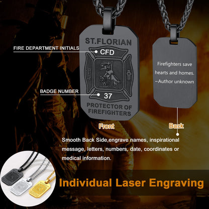 Engraved Saint Florian Firefighter Dog Tag Necklace for Firemen Men