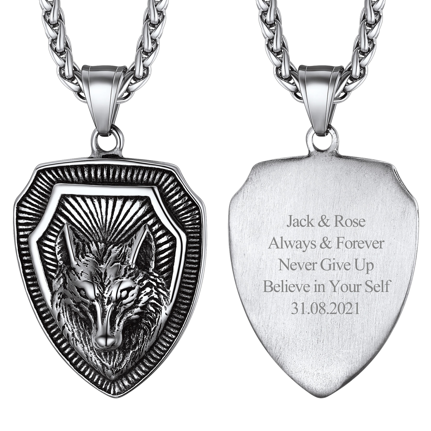 Engraved Viking Nordic Wolf Necklace Amulet Pendant for Men Women