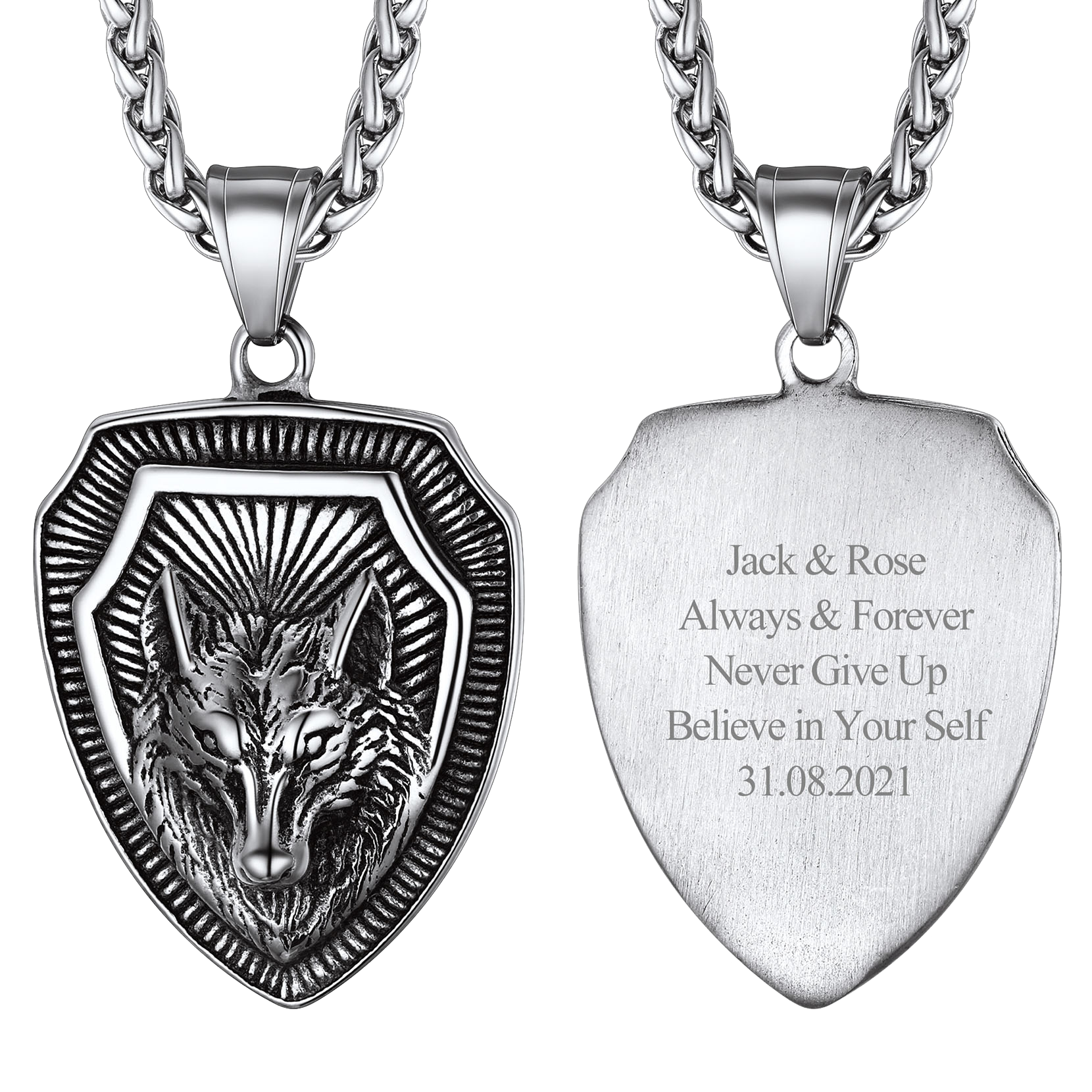 Engraved Viking Nordic Wolf Necklace Amulet Pendant for Men Women
