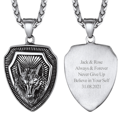 Engraved Viking Nordic Wolf Necklace Amulet Pendant for Men Women