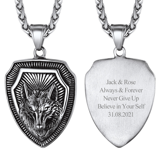 Engraved Viking Nordic Wolf Necklace Amulet Pendant for Men Women