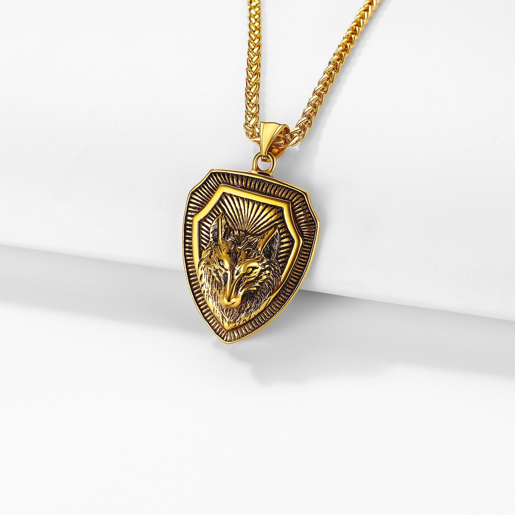 Engraved Viking Nordic Wolf Necklace Amulet Pendant for Men Women