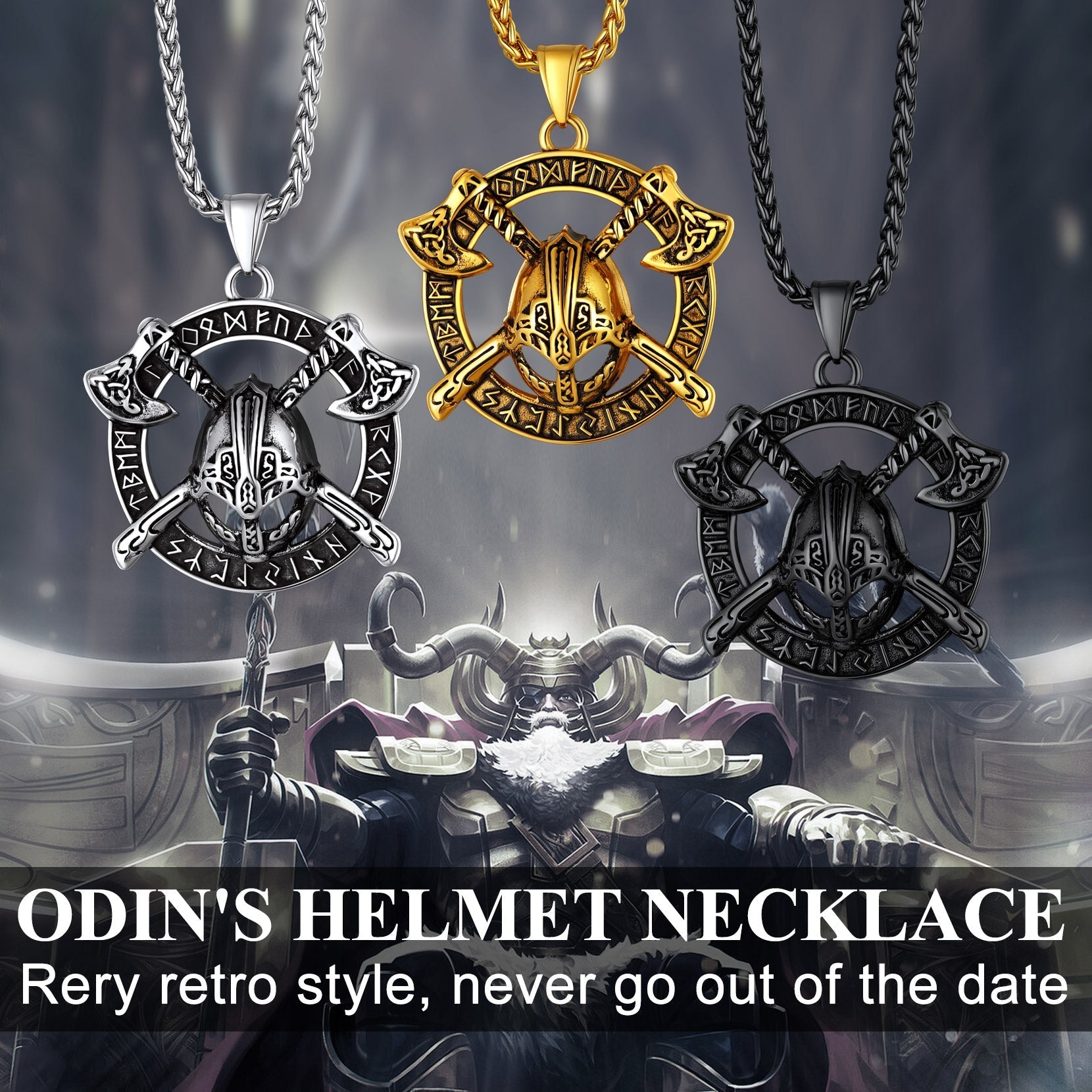 Viking Axe Helmet Pendant Necklace For Men With Runes