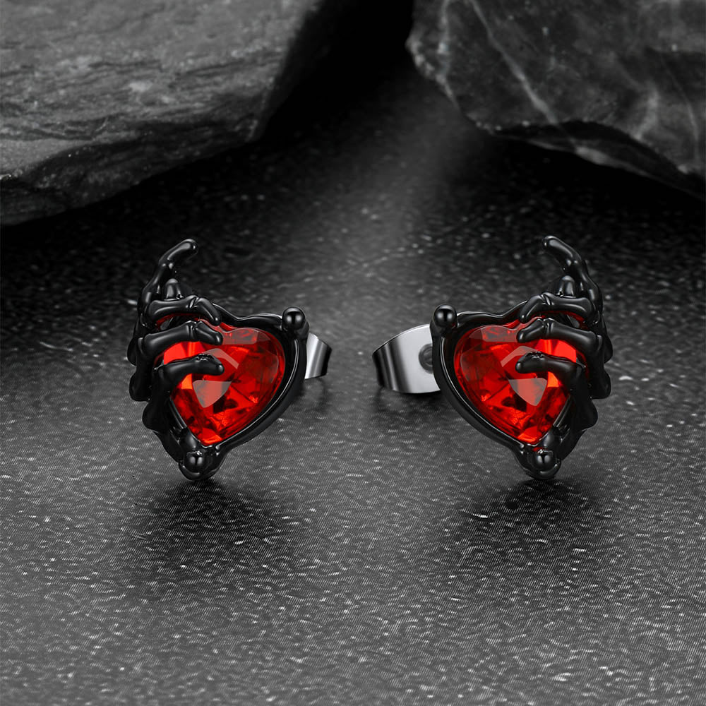 Gothic Black Ruby Heart Skull Hand Stud Earrings for Men