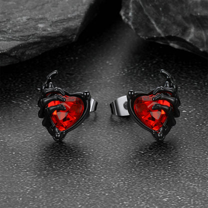 Gothic Black Ruby Heart Skull Hand Stud Earrings for Men