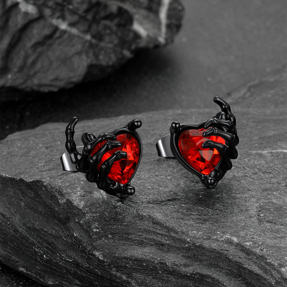 Gothic Black Ruby Heart Skull Hand Stud Earrings for Men